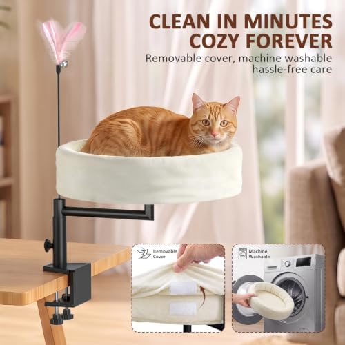 Cat Desk Bed, 360° Swivel Desk Mounted Cat Bed, Beige