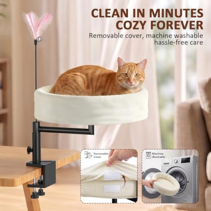 Cat Desk Bed, 360° Swivel Desk Mounted Cat Bed, Beige