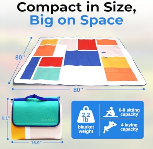 scuddles Extra Large Picnic Blanket – 80" x 80" Waterproof Outdoor Mat with Soft 3-Layer Comfort, Foldable Design & Carry Strap for Beach, Camping, Parks, Hiking & Family Picnics