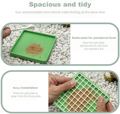 Hermit Crab Food Dish for Powdered Food, with Removable Anti-Carry Grid, No Mess Feeding Dish Prevents Food from Being Dragged Away (Dark Green, 3.9" x 3.9")