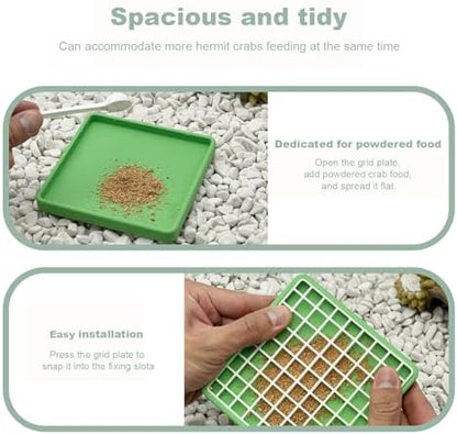 Hermit Crab Food Dish for Powdered Food, with Removable Anti-Carry Grid, No Mess Feeding Dish Prevents Food from Being Dragged Away (Dark Green, 3.9" x 3.9")
