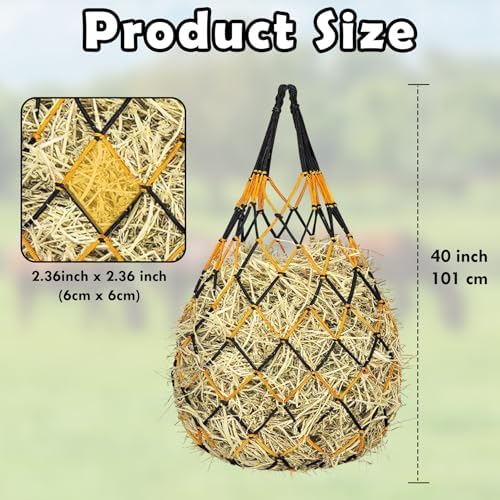 3PCS Hay Net for Horses - Ultra Slow Feed Hay Net with 3 Pairs Gloves, 2.36"x2.36" Holes 40” Horse Slow Feed Hay Nets for Stall, Trailer, Pasture - Heavy-Duty Hanging Feeders (Black & Yellow)
