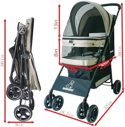ROODO 4 Wheel Dog Cat Pet Stroller Best Lightweight Foldable Compact Portable Jogger All Terrain Travel Pet Gear Puppy Doggie Bunny Kitty Stroller for up to 30lbs Medium Small Dogs Cats(Light Khaki)