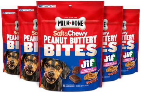 Milk-Bone Peanut Buttery Bites, Soft Dog Treats with Jif Peanut Butter & Real Bacon, 11.8 Oz. Bags (Pack of 5)