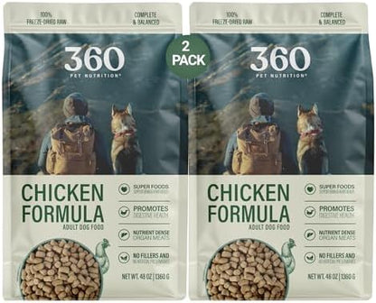360 Pet Nutrition Freeze-Dried Raw Dog Food – Chicken Recipe with Liver & Organs, High Protein, Omega-3s, Fruits, Veggies & Superfoods, Grain-Free, No Fillers 2 x 48 oz Made in USA