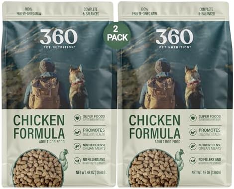 360 Pet Nutrition Freeze-Dried Raw Dog Food – Chicken Recipe with Liver & Organs, High Protein, Omega-3s, Fruits, Veggies & Superfoods, Grain-Free, No Fillers 2 x 48 oz Made in USA