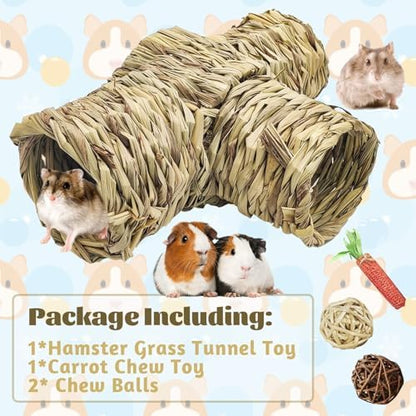 PINVNBY Hamster Grass Tunnel Toy Nature's Hideaway Guinea Pig Tunnels and Tubes Straw Tunnel House with 4 Entrances for Chinchillas Hedgehogs Rats Gerbils (4 PCS)
