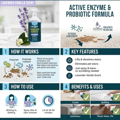 ALZOO Pet Stain & Odor Remover Spray for Dog & Cat Urine, Carpet, Furniture & Floors | Active Enzyme & Probiotic Formula | Lavender Vanilla Scent | Made in USA | 32 oz