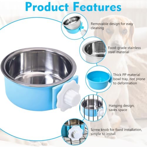 kathson Crate Dog Bowl, Removable Stainless Steel Hanging Pet Cage Bowl Food & Water Feeder Coop Cup for Cat, Puppy, Birds, Rats, Guinea Pigs (6 PCS, Size: M, 2×Blue,2×Green,2×Pink)