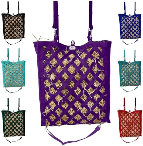 Majestic Ally Premium Nylon Hay Bag for Horses and Livestock, Simulates Grazing, Slow Feeding, Heavy-Duty PP Webbing,Quick-Adjust Straps, Small Hole for Digestion, Multiple Colors (Purple)