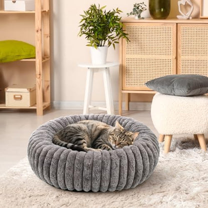 Round Cat Bed Washable, Ultra Soft Plush Bolster, 20 Inch, Grey