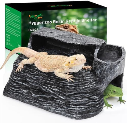 Reptile Hideout Snake Hide Cave Turtle Basking Platform with Food Bowl Shale Scape Step Ledge Climbing Platform Bearded Dragon Tank Accessories Rock Landscaping Decor for Chameleon Lizard Gecko, Large