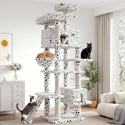 SHA CERLIN 82 inch, Multi-Level Cat Tree Tower for Indoor Cats, Cat Condo with Sisal Scratching Posts, Plush Perches, Hammocks, Toy Balls, White & Black Spot