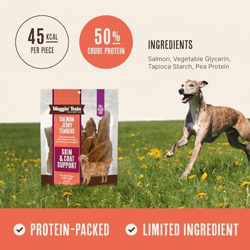 Waggin' Train Salmon Jerky Dog Treats for Skin and Coat Support, Made with 100% Real Salmon, No Grains and No Artificial Flavors or Colors, High Protein Dog Treat, Easily Digestible, 36 oz. Pouch