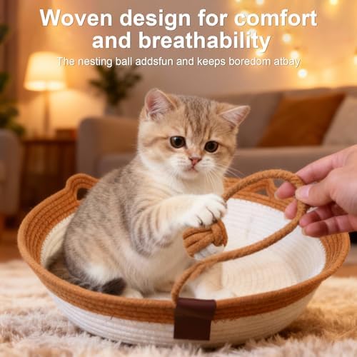 Instinct Basket,Stimulicat Cat Bed,Stimulicat Cat Bed Rope Cotton with Cushion,Eliminates Bed Rejection Round Pet Basket,Boho Catbed for Cats Handwoven Scratchable Breathable Weave (White, Large)