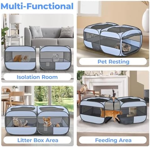 2-in-1 Pop Up Cat Playpen, Detachable into 2 Separate Pens with Additional Doors, Assembly-Free Portable Dog Crates Pet Pen Tent Kennel Kitten Puppy Enclosure Cage Indoor Outdoor Foldable Condo(S)
