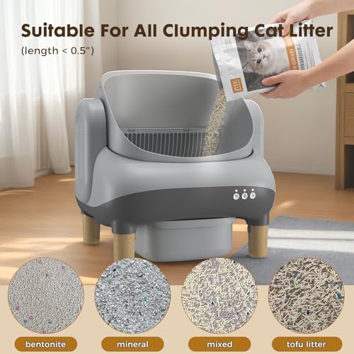 GTPLAYER Self Cleaning Litter Box, Open Top Cat Automatic Litter Box - APP Control and Weight Monitoring, Safety Sensors Protection, Ultra-Quiet, Odor Control, Includes Trash Bag& Scrub Brush, Gray