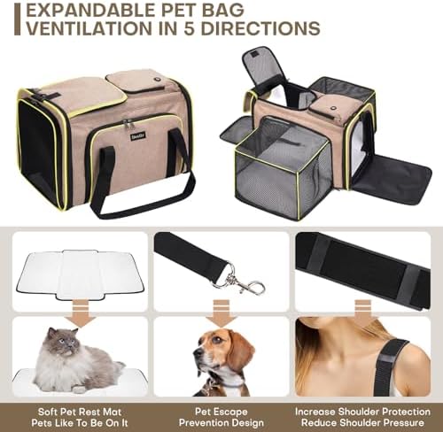 Pet Carrier, Large Soft Sided Expandable Travel Carrier with Steel Frame, Anti-Scratch Mesh, Removable Fleece Pad and Pockets for Cats, Dogs and Small Animals up to 15 lbs (Brown, 4 Sides Expandable)
