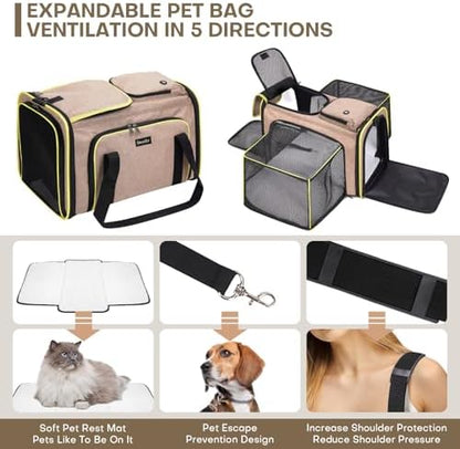 Pet Carrier, Large Soft Sided Expandable Travel Carrier with Steel Frame, Anti-Scratch Mesh, Removable Fleece Pad and Pockets for Cats, Dogs and Small Animals up to 15 lbs (Brown, 4 Sides Expandable)