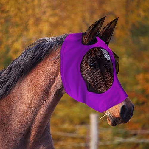 Weewooday 2 Pcs Horse Fly Mask with Ears, Soft Stretchy Horses Face Masks for Flies, Breathable Mesh Eye Cover, UV Protection Horse Masks for Pasture, Barn, Turnout(L,Purple, Blue)