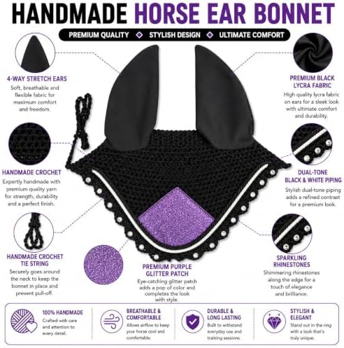 Horse Ear Bonnet for Horses – Handmade Crochet Fly Veil with Crystal Stones, Glitter Patch, Breathable Stretch Ears, Horse Fly Bonnet Ear Bonnet for Riding (Purple, Extra-Full)