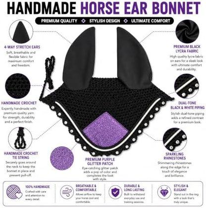Horse Ear Bonnet for Horses – Handmade Crochet Fly Veil with Crystal Stones, Glitter Patch, Breathable Stretch Ears, Horse Fly Bonnet Ear Bonnet for Riding (Purple, COB)