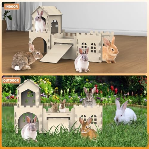 Large Bunny House and Hideouts, Wooden Dual-Layer Rabbit Castle with 4 Houses Indoor, Sturdy Habitat for Guinea Pig Chinchilla Ferret (Extra Large-4 House)