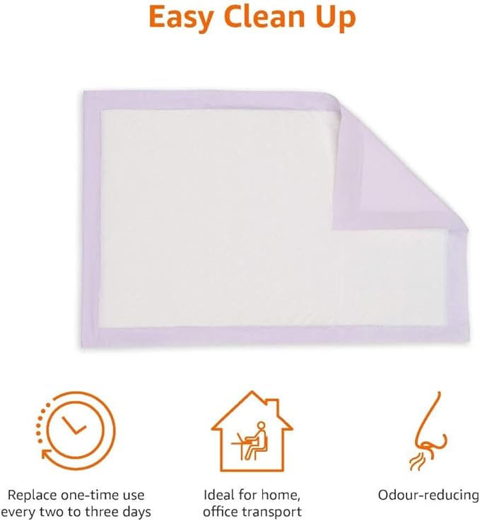 Amazon Basics Cat Pee Pads, Odor Control, Super Absorbent, Disposable, Universal Fit for Litter Box, Lemon Scent, White/Purple, 60 Count