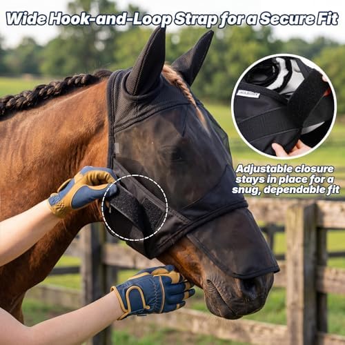Horse Fly Mask with Ears & Detachab Nose Cover, Medium