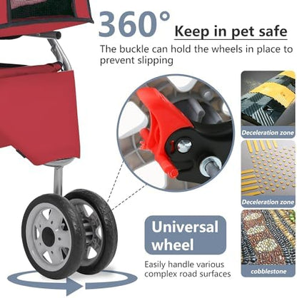FDW | 3-Wheel Foldable Pet Stroller | Red | Lightweight & Portable