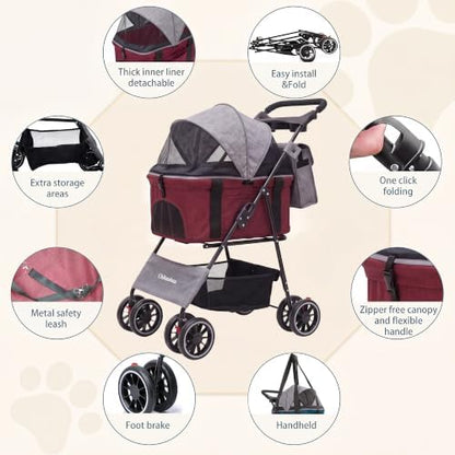 2-in-1 Foldable Pet Stroller 4-Wheel for Small Dogs & Cats,Dark Gray +Red