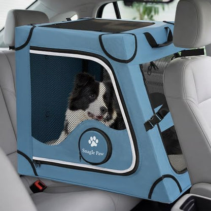 Snagle Paw Portable Dog Crate for Car Travel,Metal Frame Pet Crate,Pet Carrier for Car Back Seat Secures with Headrest Strap and Seatbelt,L