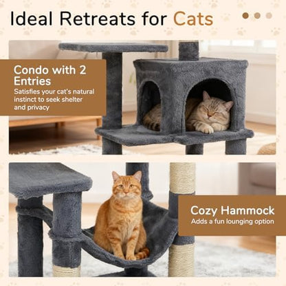 DORTALA Cat Tree for Indoor Cats, 44" Modern Cat Tower with Top Perch, Condo, Hammock, Sisal Scratching Posts, Dangling Balls, Platforms, Multi-Level Pet Climbing Furniture Playground (Grey)