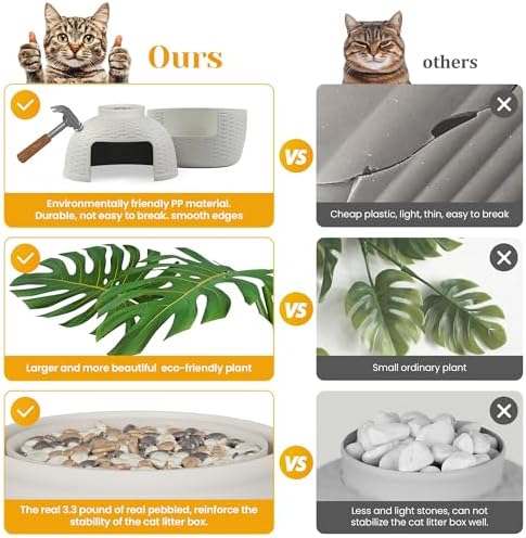 FansaFurn Hidden Litter Box with Faux Plant, Large Cat Litter Box with Rattan Pattern, Heavy Duty PP Material Litter Box Enclosure Furniture for Home Decor, Light Grey