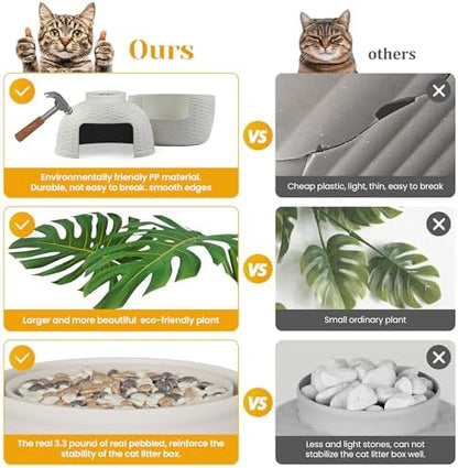 FansaFurn Hidden Litter Box with Faux Plant, Large Cat Litter Box with Rattan Pattern, Heavy Duty PP Material Litter Box Enclosure Furniture for Home Decor, Light Grey