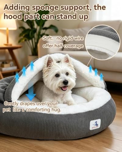 Calming Cozy Dog Cave Cover Bed, Burrow Small Doggy Anti Anxiety