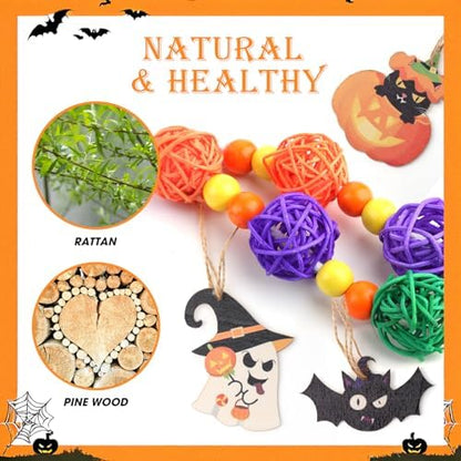 Abizoo Halloween Guinea Pig Bunny Toys Hanging, Natural Wood for Rabbits Teeth Grinding Chinchilla Dwarf Hamster Rat Gerbi Rabbit Chew Toys Treats Small Animals Enrichment Boredom for Cage
