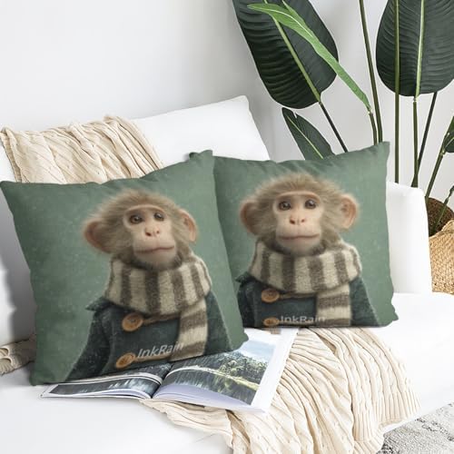 InkRain Winter Animal Cute Monkey Pillow Cover 24x24 Inch Set of 2 Home Decor Decorative Cotton Linen Illustration Pillowcases for Living Room House Sofa