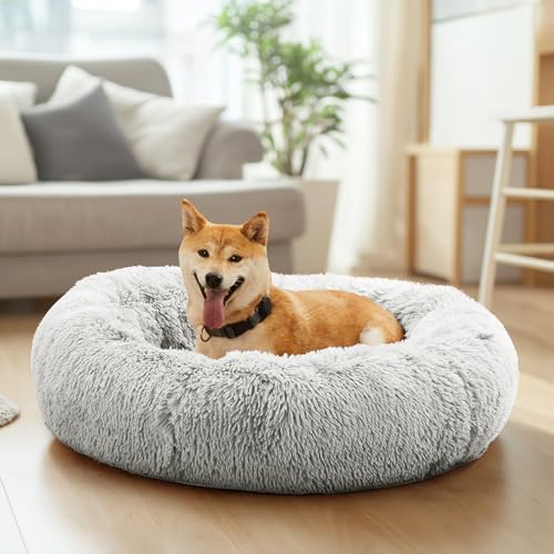 DUMOS 37.4 Inch XL Donut Dog Bed for Indoor Use, Fluffy Faux Fur Plush