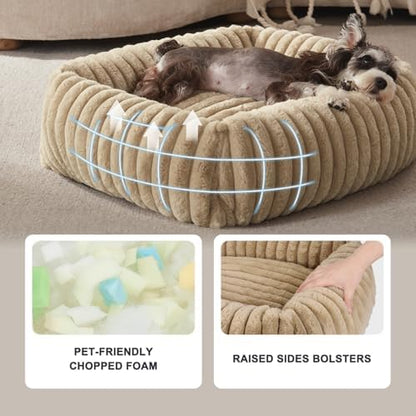 FURTIME Dog Bed for Small Medium Dog, Washable Orthopedic Pet Bed with Removable Cover, Rectangle Soft Calming Sleeping Puppy Bed Durable Pet Cuddler with Anti-Slip Bottom, Beige, M (25"x21"x7")