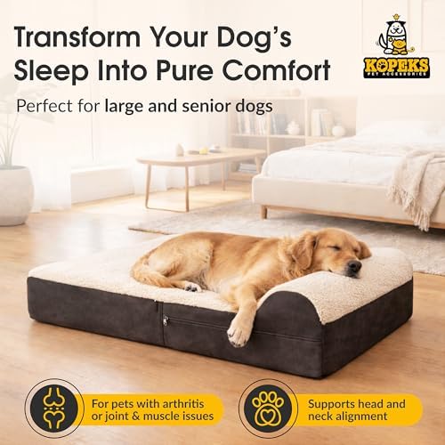 KOPEKS Jumbo Orthopedic Dog Bed - 7-inch Thick Memory Foam Pet Bed with Pillow with Removable Cover & Free Waterproof Liner - for Large Breed Dogs, XL, Brown-Plush Top