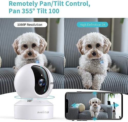 Armorcope Pet Camera, 2K HD Dog Camera with Phone APP, 360° Pan/Tilt View Puppy Cam, One Click Call for Baby Monitor, MagivPix Night Vision,Motion Tracking Alarm with Cloud/Local SD -2 Pack