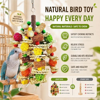 Parrot Chew Toy, Natural Material Bird Foraging Toy for Conures, Quaker Parrots, Medium-Sized Birds - Colorful Hanging Shredding Toy with Woven Ball, Corn Cob and Wooden Beads