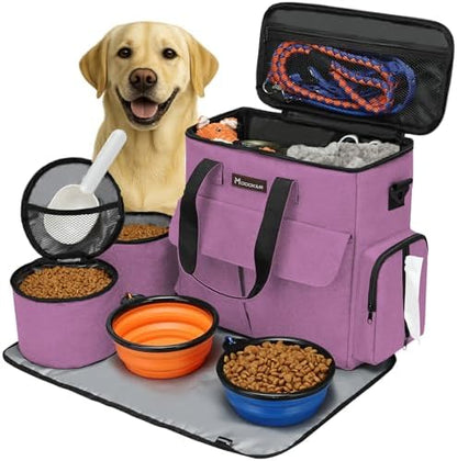Modoker Weekend Dog Travel Bag Set with 2 Food Bags, 2 Bowls and Mat,Pink