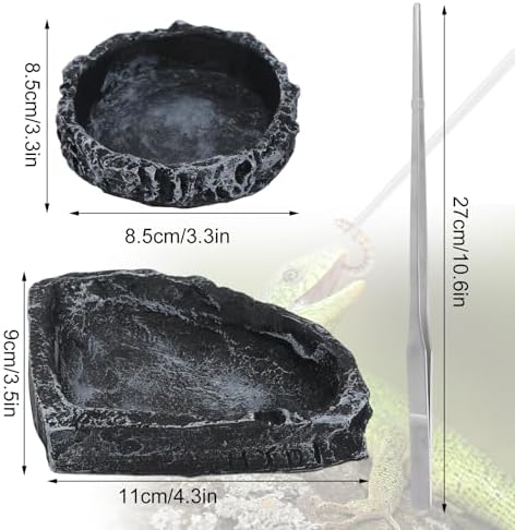 4 Pack Reptile Feeding Dish Reptile Food Water Bowl with Reptile Feeding Tongs Reptile Plate Dish for Feeding Tortoise Dragon Leopard Gecko Lizard, Black