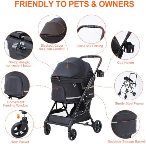 Dog Stroller with No-Zip Buckle Canopy, fits 2 Small Cats or 1 Medium pet,44 lbs Capacity One-Hand Fold,Lockable Front Wheels, Rear Brake