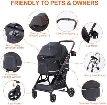 Dog Stroller with No-Zip Buckle Canopy, fits 2 Small Cats or 1 Medium pet,44 lbs Capacity One-Hand Fold,Lockable Front Wheels, Rear Brake