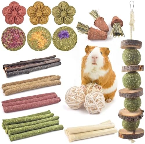 ERKOON 42PCS Rabbit Chew Toys, Natural Timothy Grass Cakes Guinea Pig Toys, Small Animal Teeth Grinding Treats for Bunny Hamster Chinchilla, Safe Dental Care Snacks