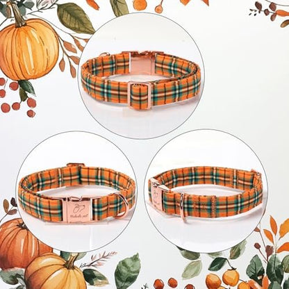 Fall Dog Collar for Large Dogs - Vintage Orange Green Plaid Tanksgiving Puppy Collar, Adjustable Heavy Duty Halloween Festivel Dog Collars with Metal Buckle XL