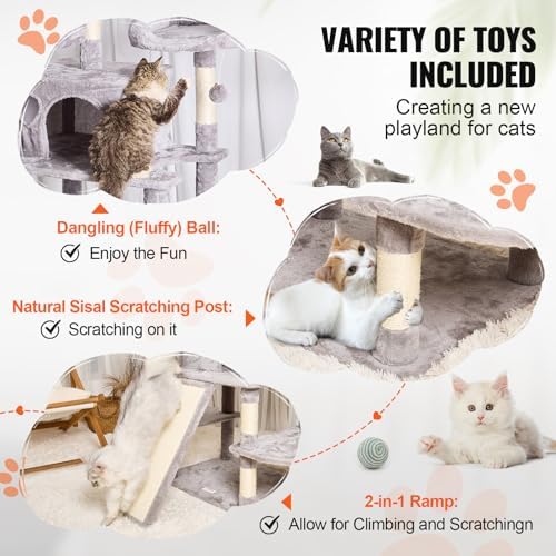 VEVOR Cat Tree for Indoor Cats, 68.5" Cat Tower with 2 Cat Condos, Sisal Scratching Post, Hammocks, Top Perches, Jumping Platforms and Ramp, Cat Furniture Activity Center with Hang Balls, Light Grey
